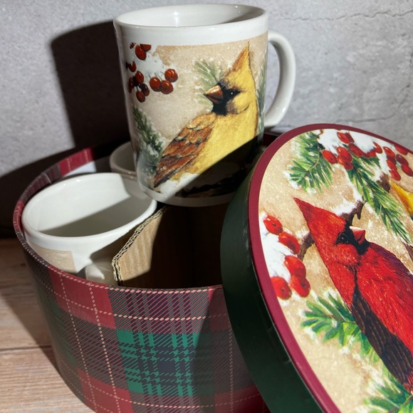 Cardinal Tea Coffee Cup Set of 4 Mugs Bird Stoneware Cracker Barrel Plaid VTG - Picture 3 of 9